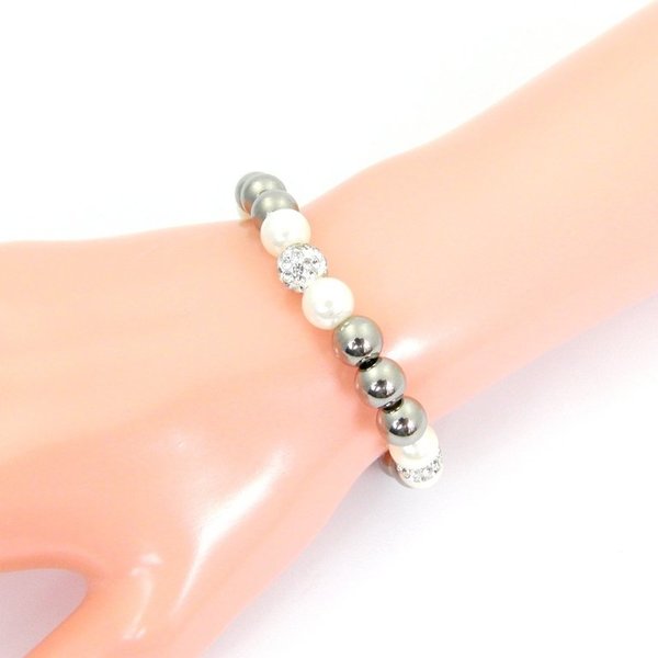Silbernes Perlen Stretch Armband mit Strass
